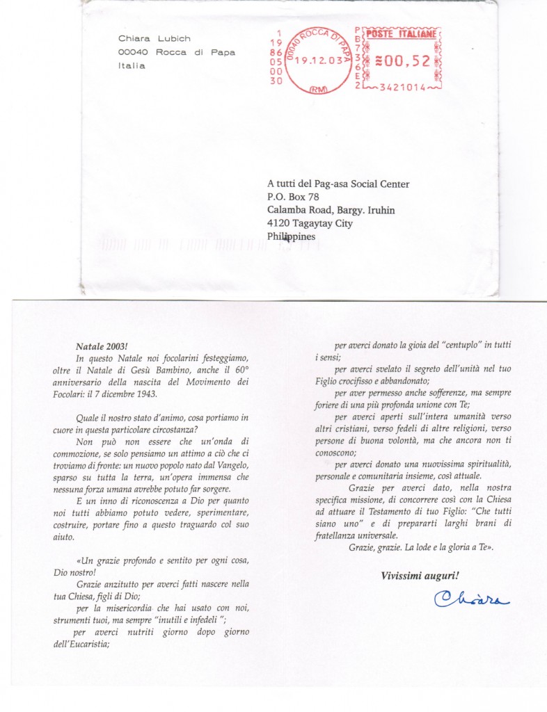 Christmas letter to Pag-asa from Chiara Lubich (2003)