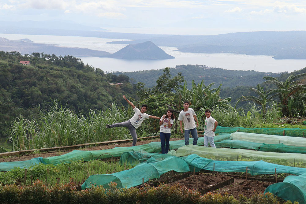 The youth in Focolare organic garden with the backdrop of Taal Volcano